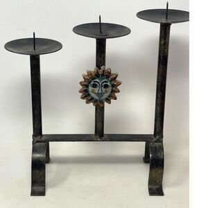 Mexico Forged Iron Talavera Pottery 3 Candle Candelabra Black Primitive Folk Art
